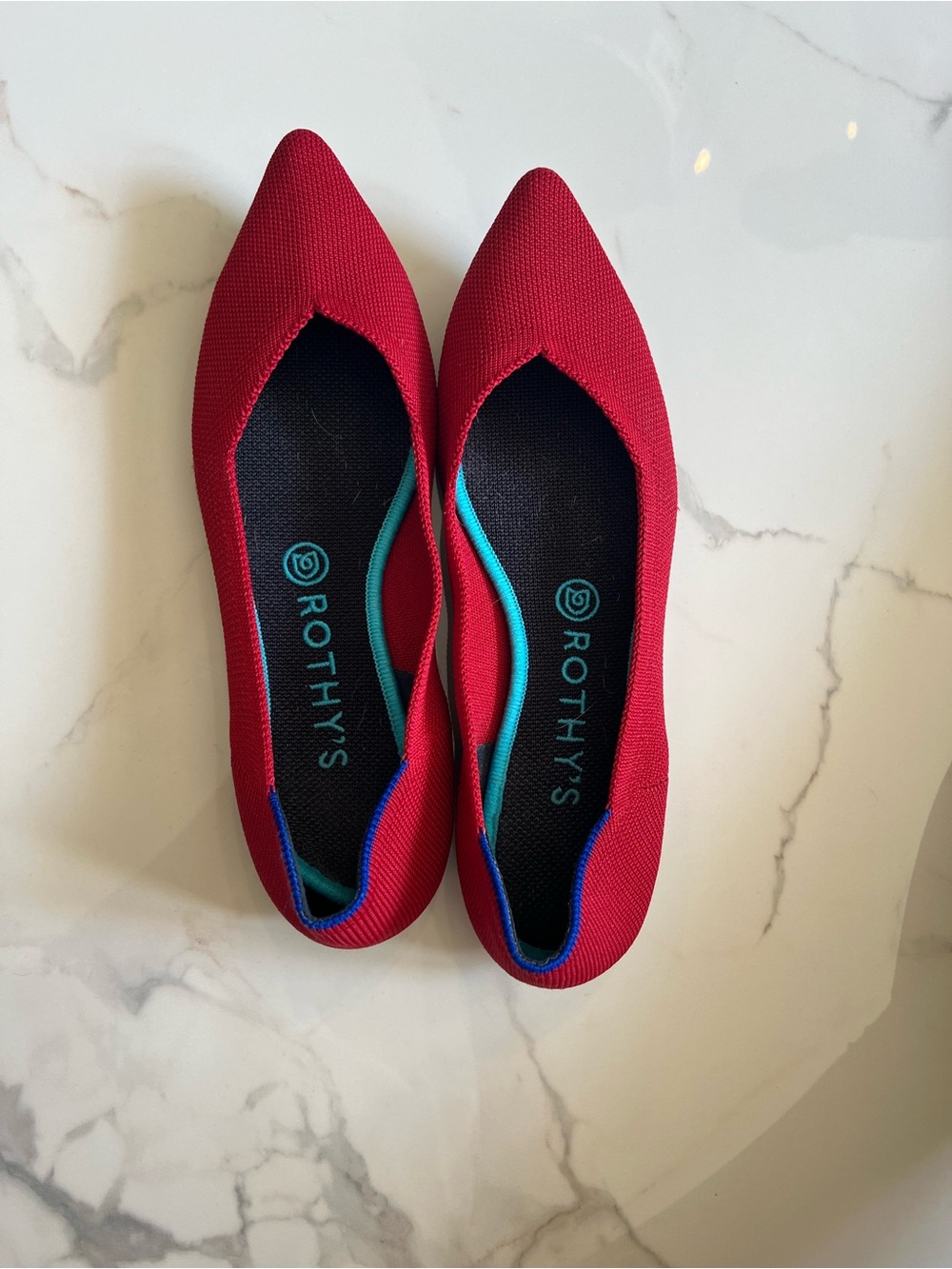Rothy's Red Pointed Knit Flats with Teal Trim